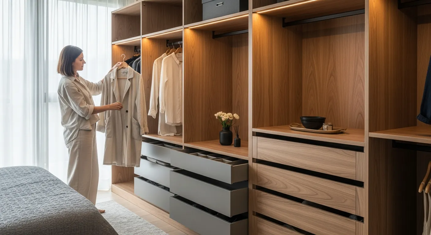 Closet a medida de alta gama en Bogotá, diseñado de piso a techo con iluminación LED integrada y acabados en madera de nogal.