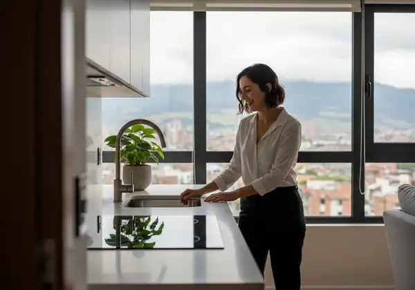 Cocina a medida de alta gama en Bogotá con mesón de piedra sinterizada y gabinetes sin manijas, diseñada por Arther Muebles.