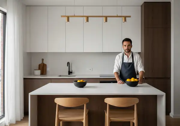 Cocina a medida en Bogotá con gabinetes verde bosque y mesón de alta gama, diseñada con precisión milimétrica para un apartamento moderno.