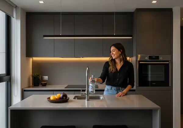 Cocina de diseño de autor en Bogotá con iluminación escenográfica, acabados en madera termo-tratada y mesón de alta gama.