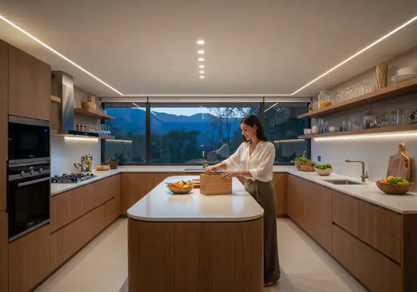 Cocina de lujo en Bogotá con mesón de cuarcita exótica y gabinetes de alta gama personalizados por Arther Muebles.