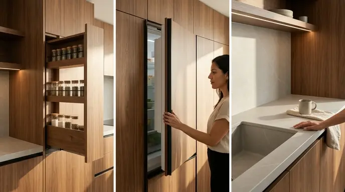 Infografía detallada de las características de una cocina moderna Arther: almacenamiento inteligente, electrodomésticos integrados y mesones de cuarzo en Bogotá
