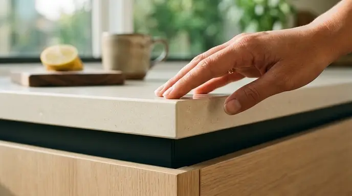 Detalle de mesón de cuarzo y sistema Gola en una cocina moderna atemporal diseñada en Bogotá