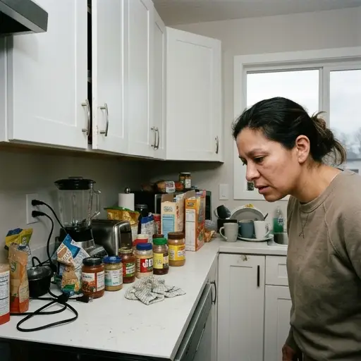 Cocina desordenada con objetos acumulados en el mesón que genera estrés visual