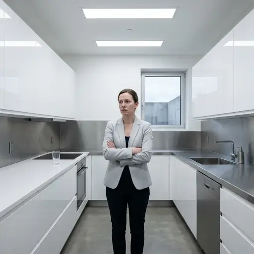 Mujer en una cocina moderna excesivamente fría y blanca que parece un laboratorio