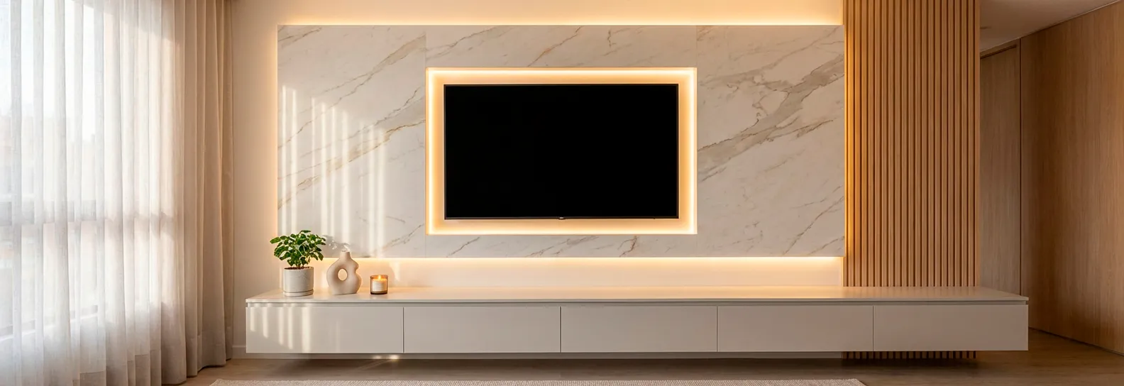 Espectacular centro de entretenimiento flotante con panel de mármol blanco con vetas doradas, iluminación LED cálida perimetral y mueble bajo en blanco, creando el ambiente perfecto para disfrutar en familia.
