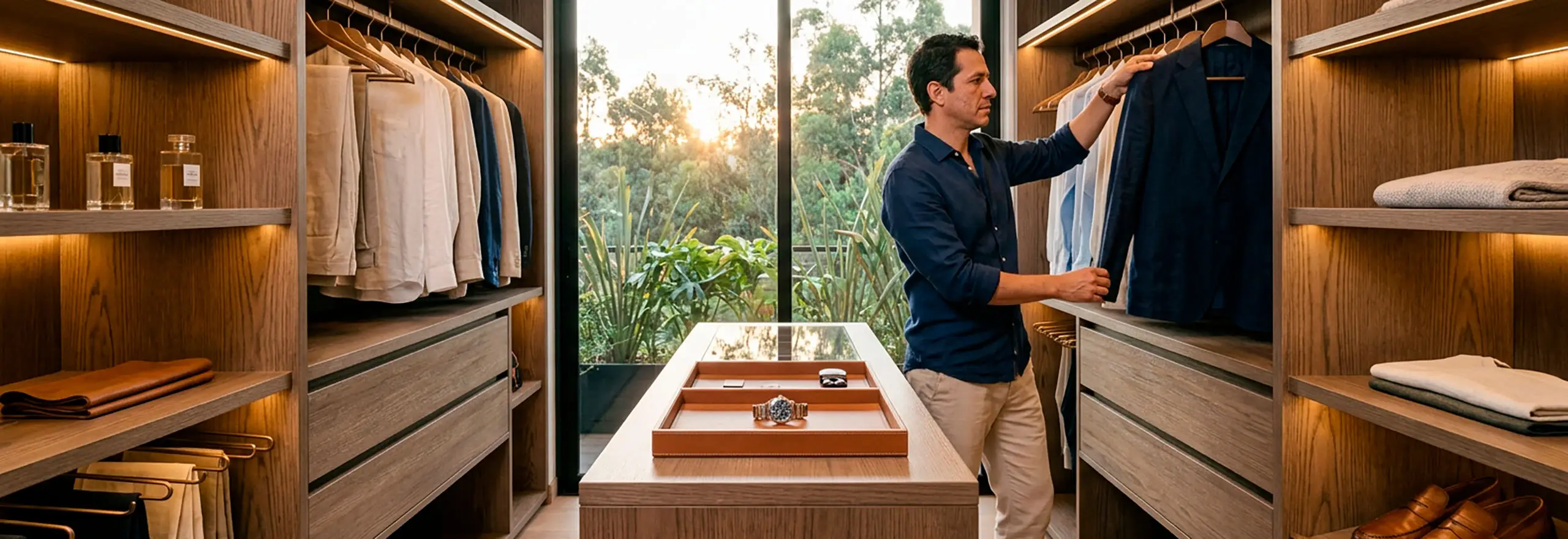 Amplio y sofisticado closet a medida en madera clara, con un hombre preparándose para su día frente a un gran ventanal iluminado al amanecer.