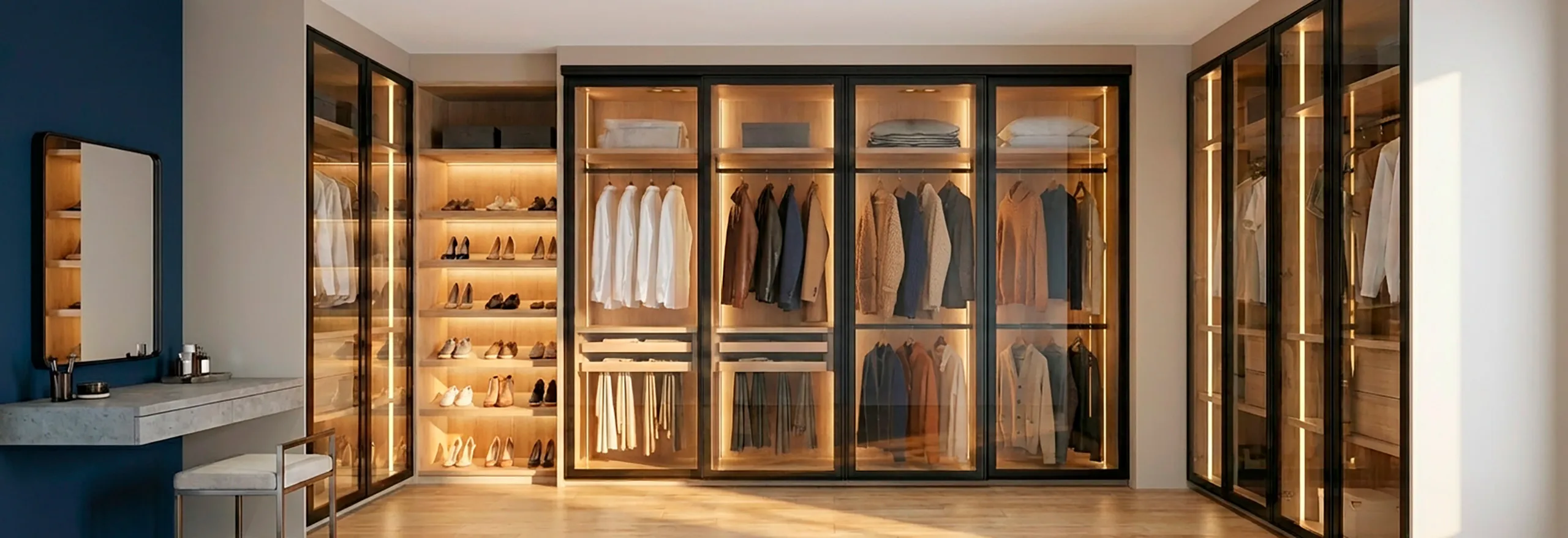 Dormitorio transformado con un closet moderno que elimina el caos visual y brinda paz mental a través de una funcionalidad silenciosa