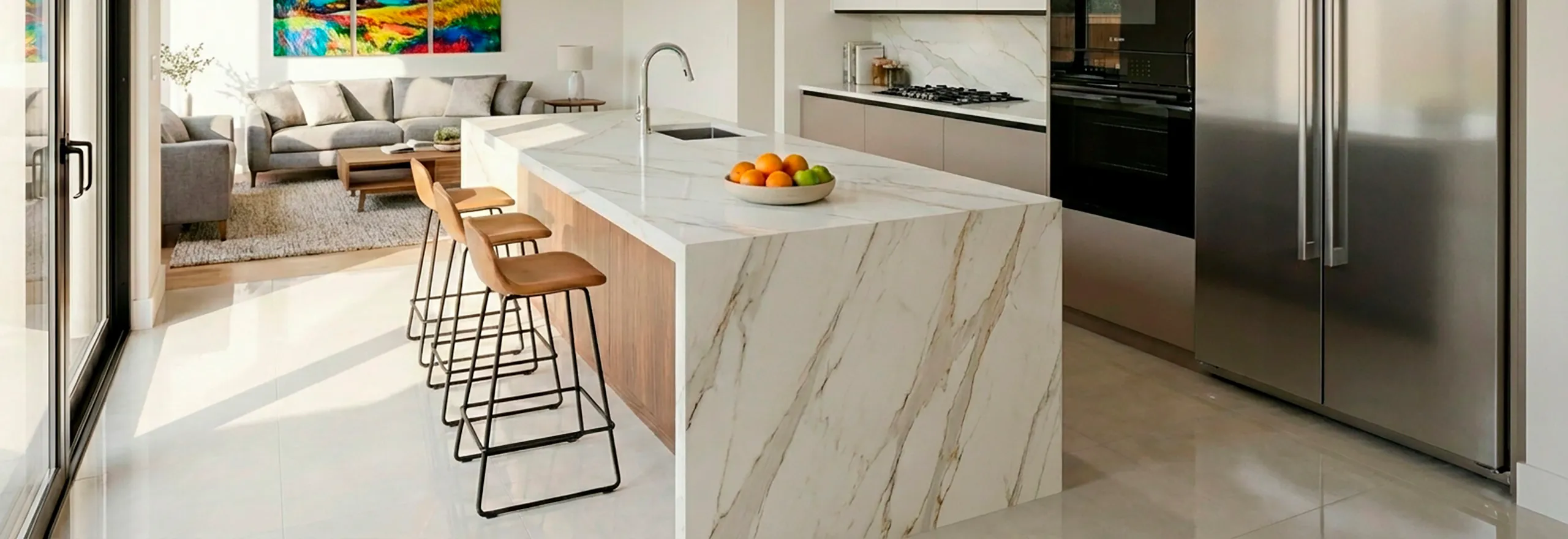 Espectacular cocina abierta con gran isla de mármol blanco y bancos altos, diseñada como el centro de reuniones para disfrutar momentos inolvidables.