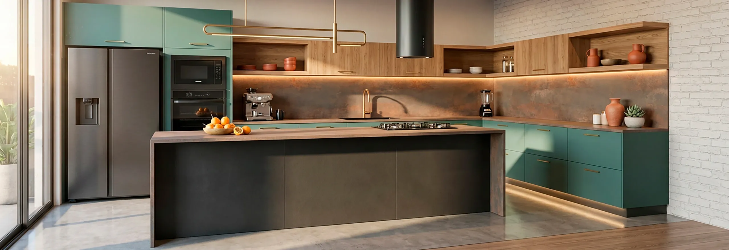 Cocina integral de diseño de autor con gabinetes verde mate, detalles en madera y gran isla oscura, un espacio único que refleja personalidad y vanguardia.
