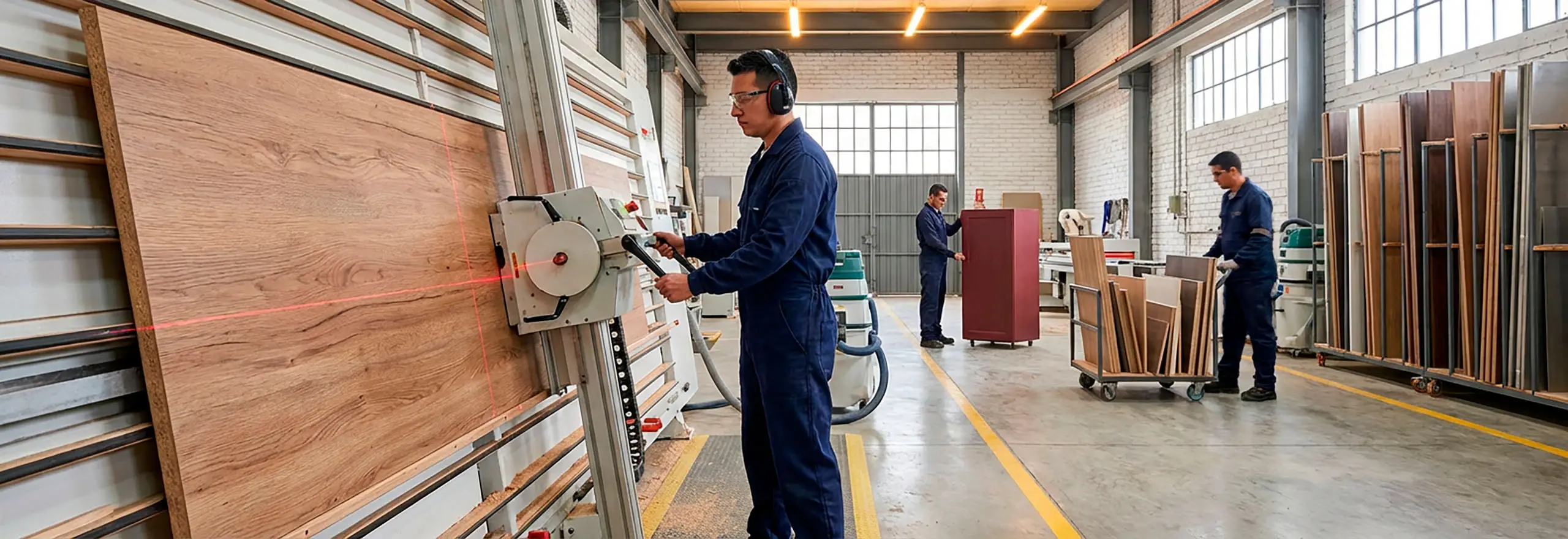 Planta de producción de Arther Muebles en Bogotá mostrando operarios capacitados utilizando maquinaria de alta precisión para la fabricación de closets a medida