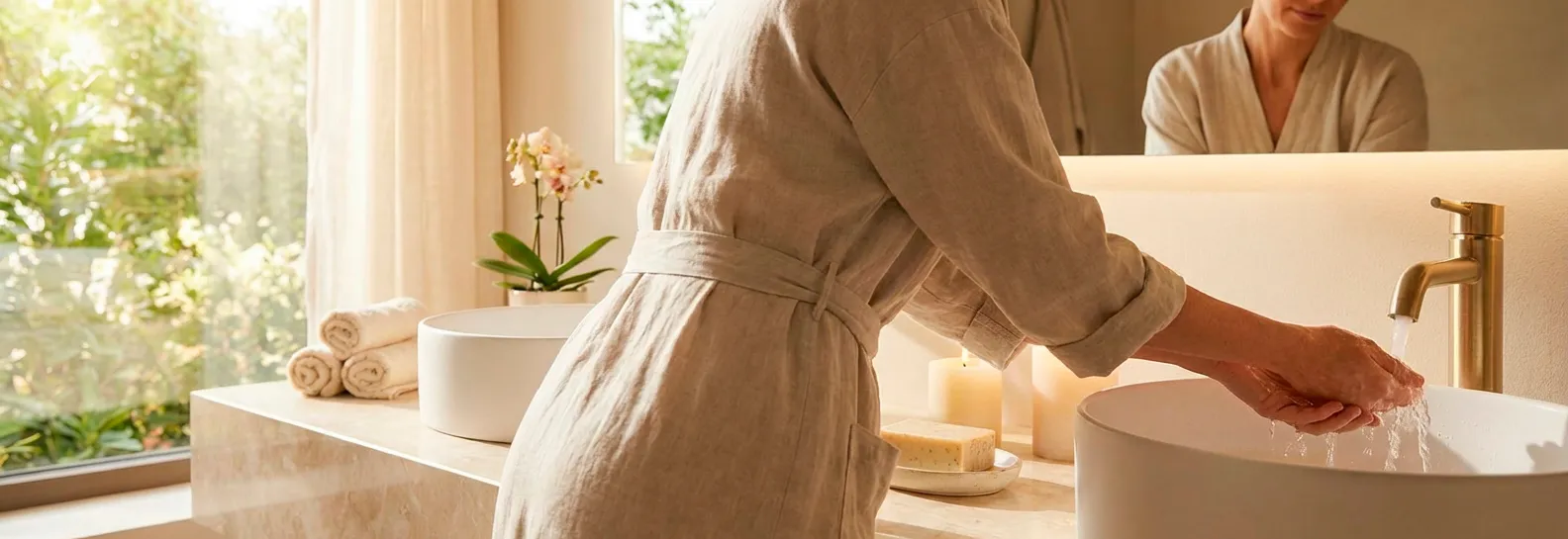 Mujer en bata de lino lavándose las manos en un hermoso baño iluminado por el sol, con un elegante mesón claro y grifería dorada, transmitiendo absoluta paz y relajación.