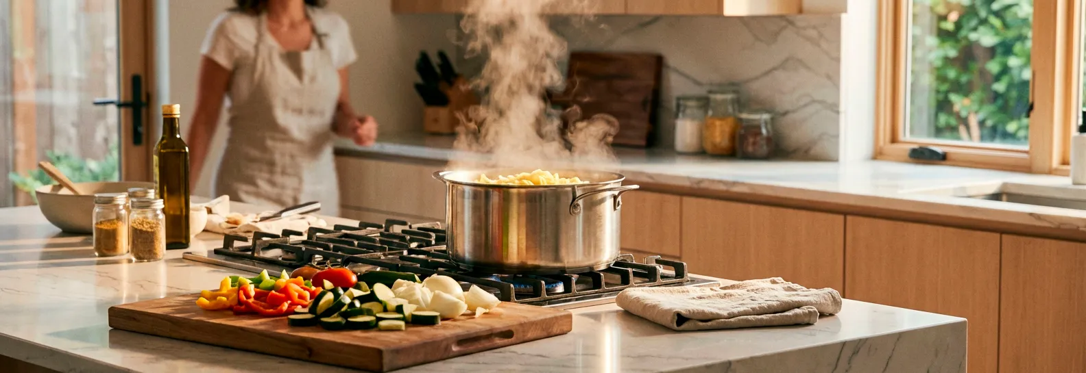 Hermosa cocina moderna y cálida donde una gran olla humeante y vegetales frescos descansan sobre un espectacular mesón, mientras una mujer cocina feliz en el fondo.