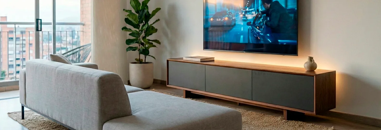 Mueble de TV moderno y elegante con estructura en madera cálida, cajones oscuro mate y retroiluminación LED en sala contemporánea