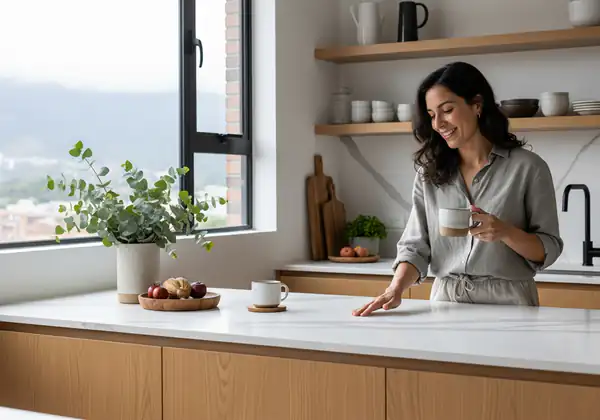 Mesón de piedra sinterizada blanca tipo Neolith en una cocina moderna en Bogotá, destacando su textura ultra resistente y elegante.
