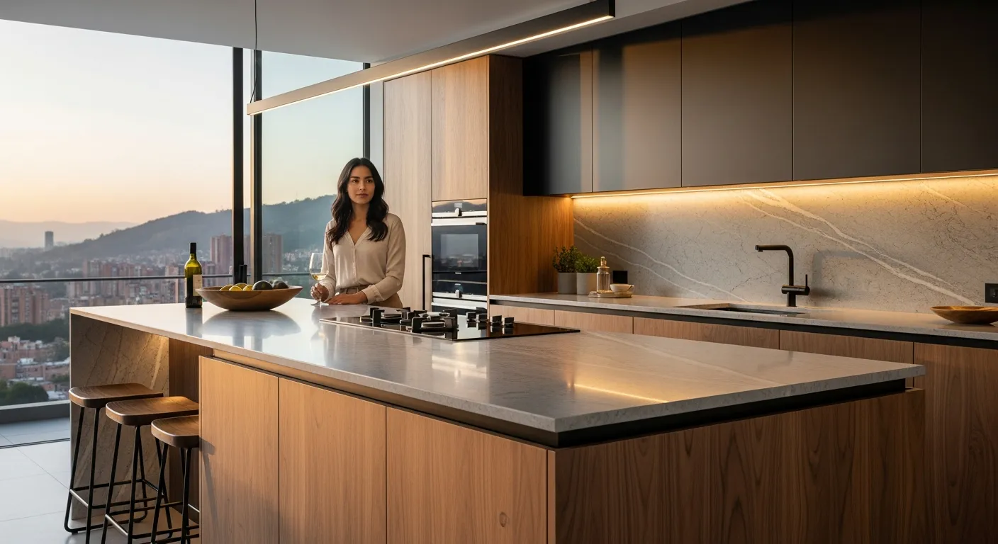 Mesón de cocina en piedra sinterizada Dekton en un apartamento moderno de Bogotá, destacando su diseño elegante y resistencia extrema.