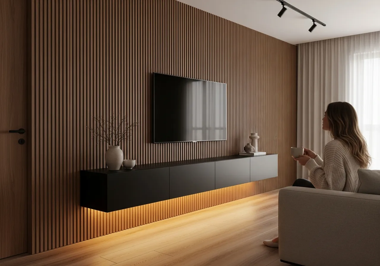 Centro de entretenimiento de diseño con paneles acanalados de WPC en tono madera natural, combinados con un mueble flotante oscuro y la TV perfectamente integrada.
