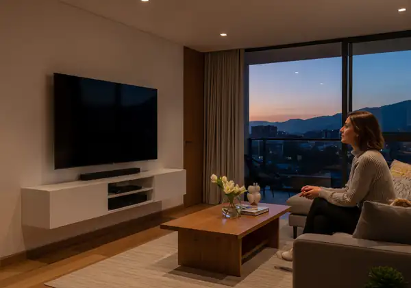 Detalle de un moderno centro de entretenimiento con iluminación LED cálida integrada en repisas y panel trasero, creando una atmósfera cinematográfica perfecta para disfrutar en familia.
